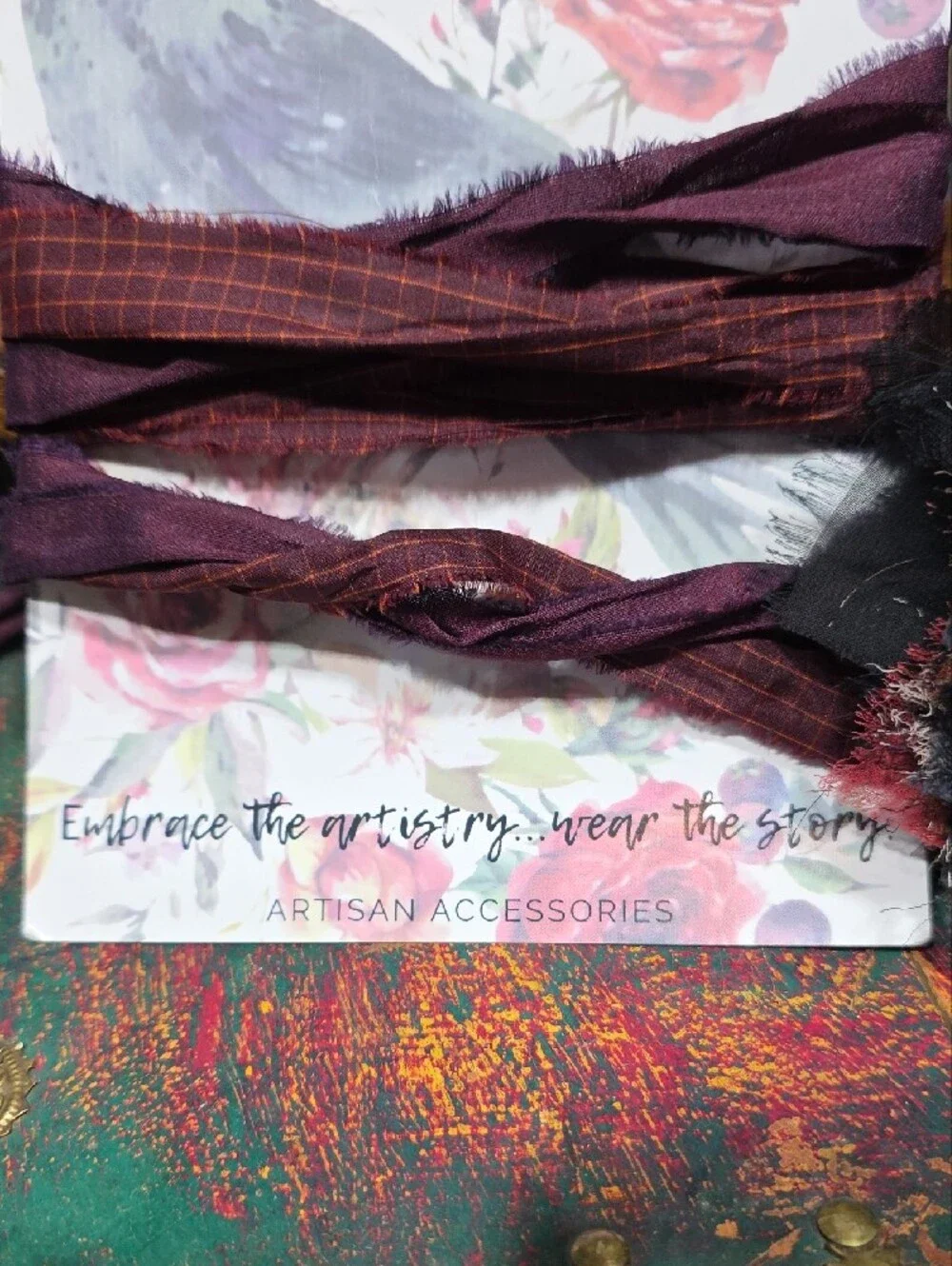 Artisan Women's Burgundy Wrap Scarf with Floral Accent -